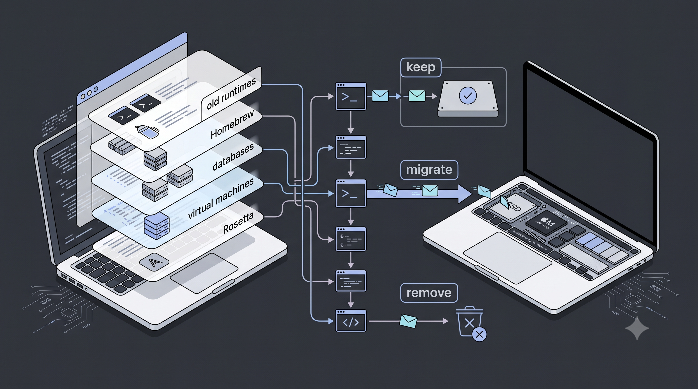 An Intel MacBook transfers old runtimes, Homebrew, databases, virtual machines, and Rosetta to an Apple-silicon MacBook. A cleanup flow sorts them into keep, migrate, and remove paths.
